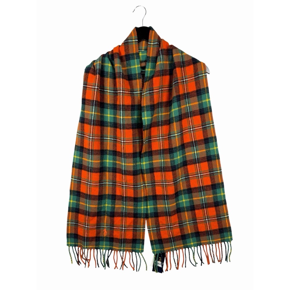 NWT Polo Ralph Lauren Wool Tartan Plaid in Orange Green Navy Scarf w Finge 72x12